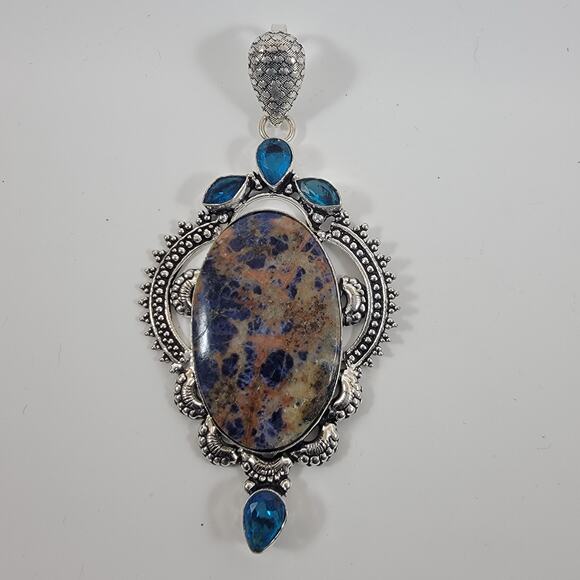 Sodalite Pendant Necklace – With Blue Topaz Accents + 20" Sterling Silver Chain - Picture 9 of 10